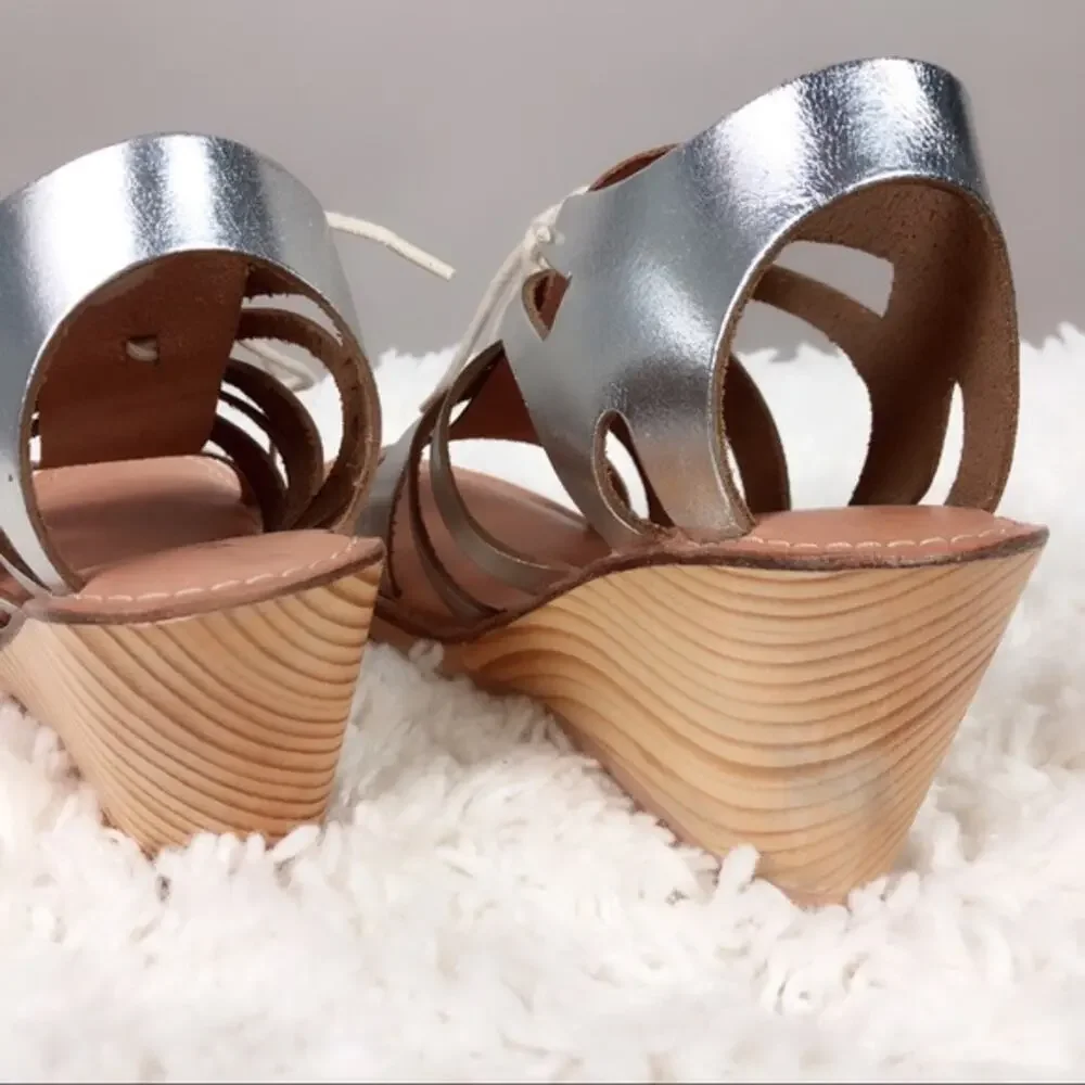 A603 • Silver Leather Wooden Wedge Sandals